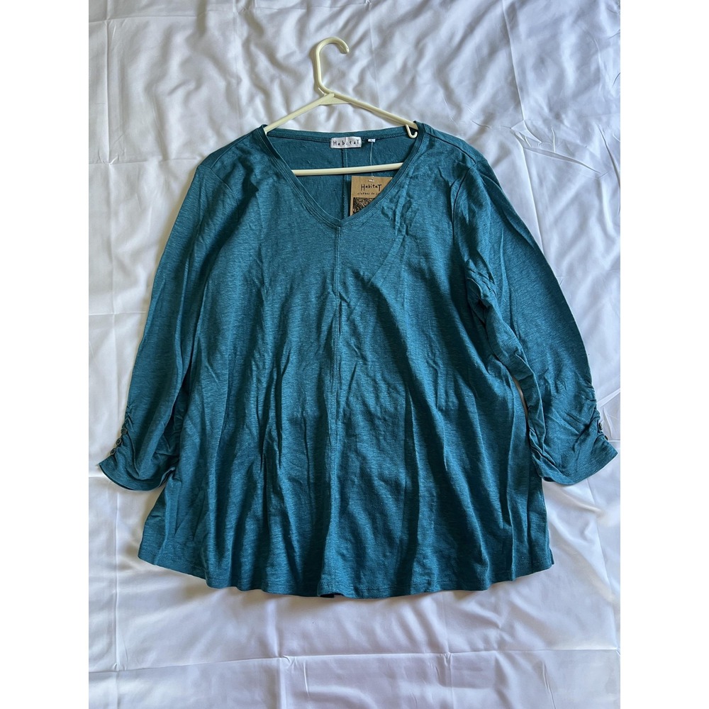 Habitat Shirt Womens Large Teal Linen V Neck 3/4 Sleeve Tunic Top Style 293436 - Picture 3 of 11